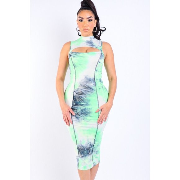 Women's Casual Sleeveless Cut-Out High Neck Tie Dye Printed Tank Midi Dress Sexy - Picture 9 of 10